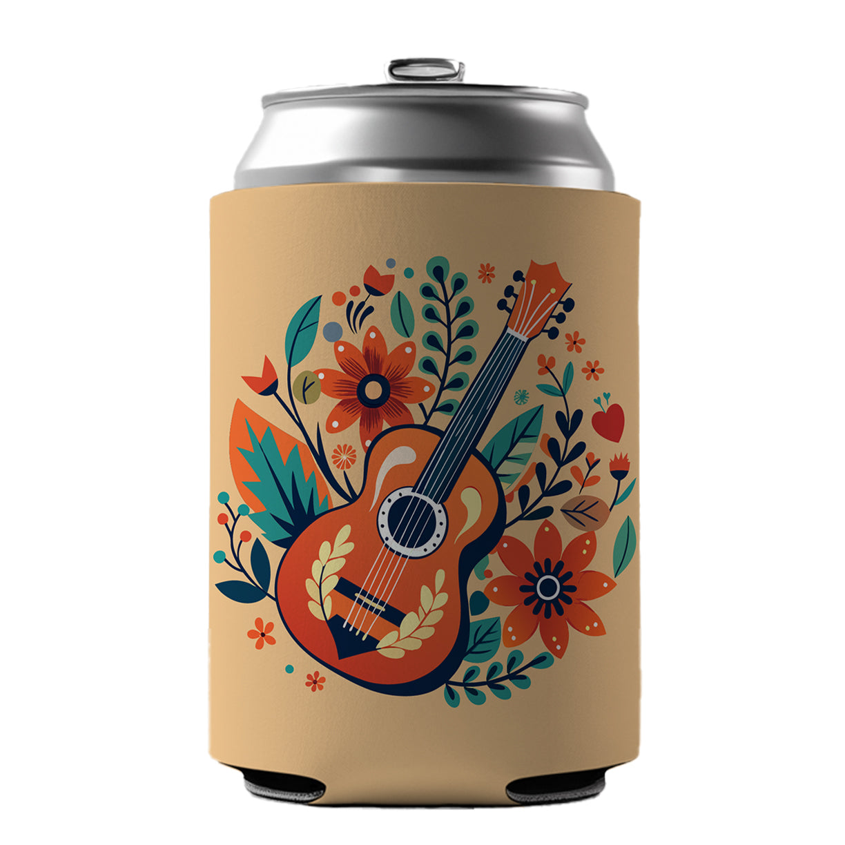 Guitar Music Floral Motif Can Cooler Beer Soda Drink Insulated Holder Sleeve Hugger