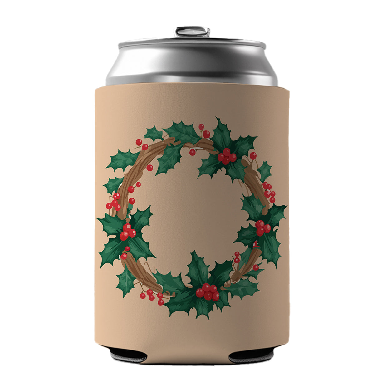 Holly Christmas Wreath Watercolor Can Cooler Beer Soda Drink Insulated Holder Sleeve Hugger