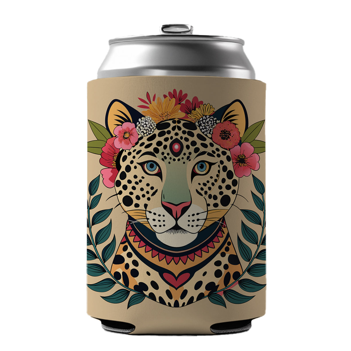 Leopard Head Floral Flowers Can Cooler Beer Soda Drink Insulated Holder Sleeve Hugger