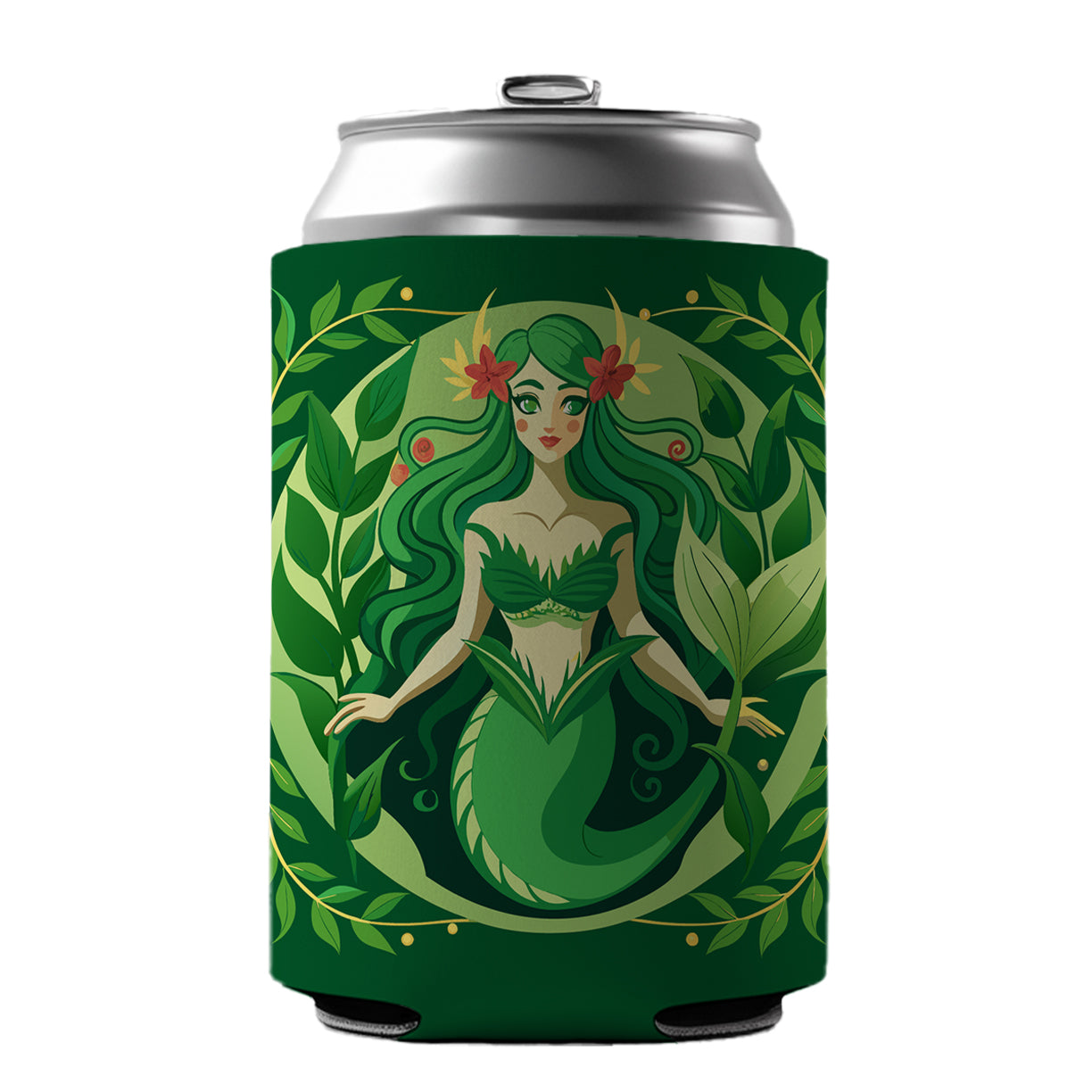Mermaid Botanical Art Nouveau Can Cooler Beer Soda Drink Insulated Holder Sleeve Hugger