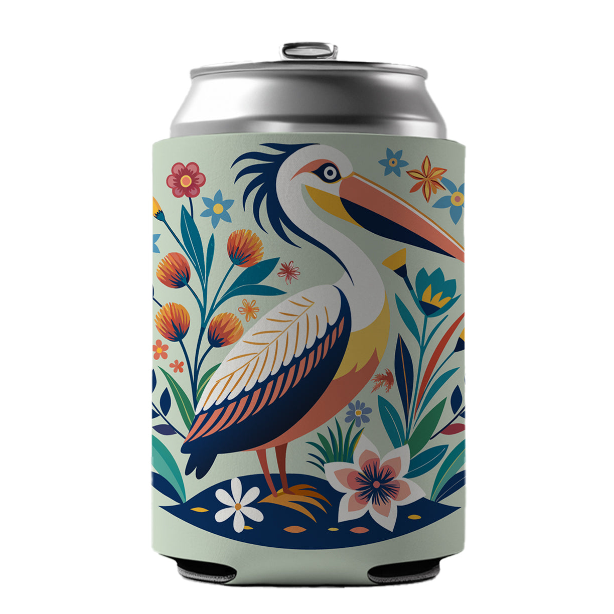 Pelican Bird Floral Flowers Can Cooler Beer Soda Drink Insulated Holder Sleeve Hugger