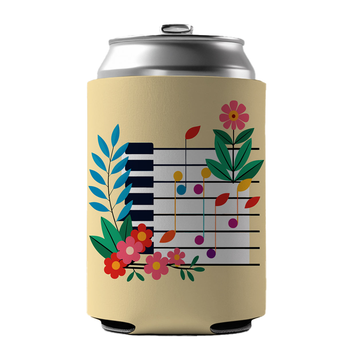 Piano Music Floral Motif Can Cooler Beer Soda Drink Insulated Holder Sleeve Hugger