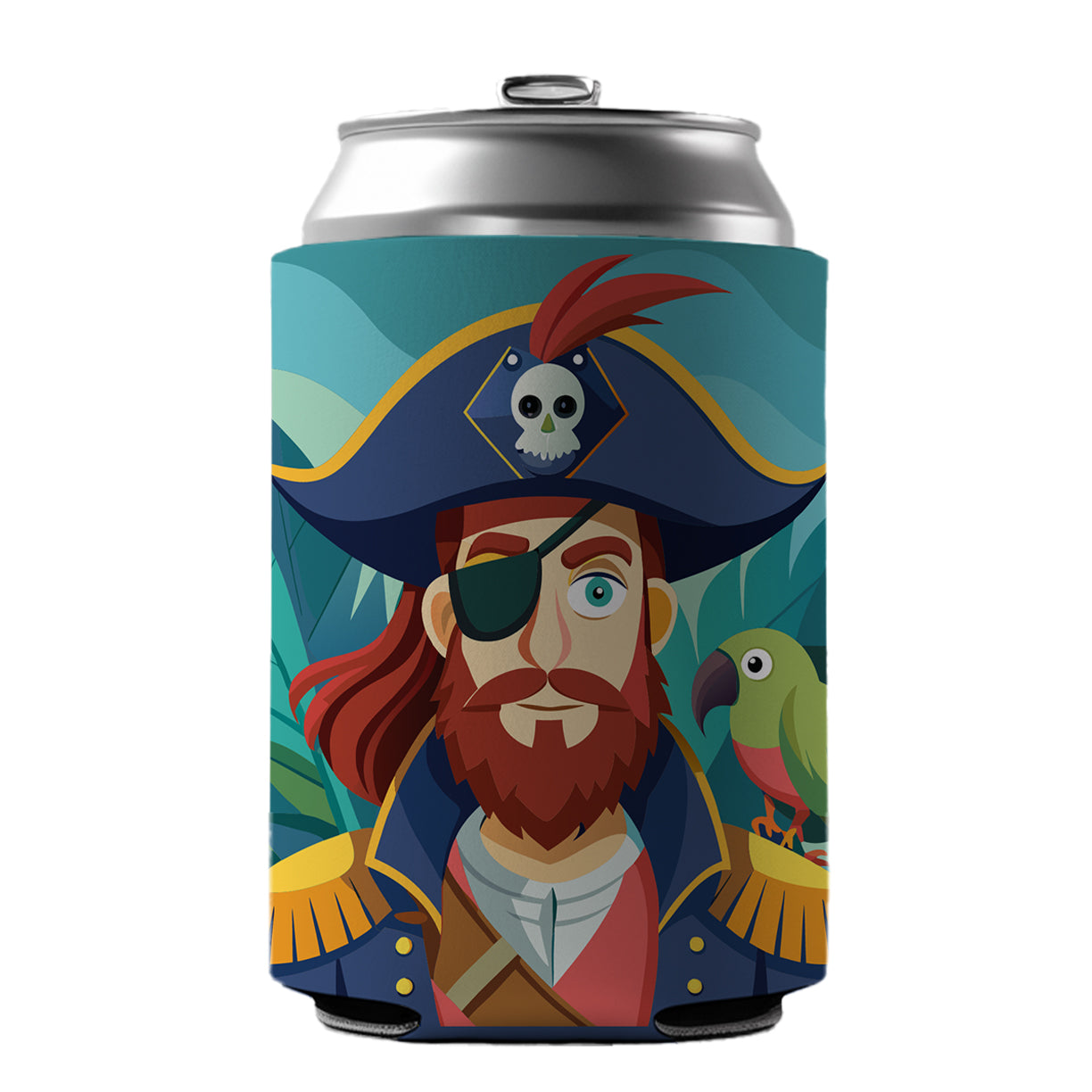 Pirate with Eye Patch and Parrot Can Cooler Beer Soda Drink Insulated Holder Sleeve Hugger