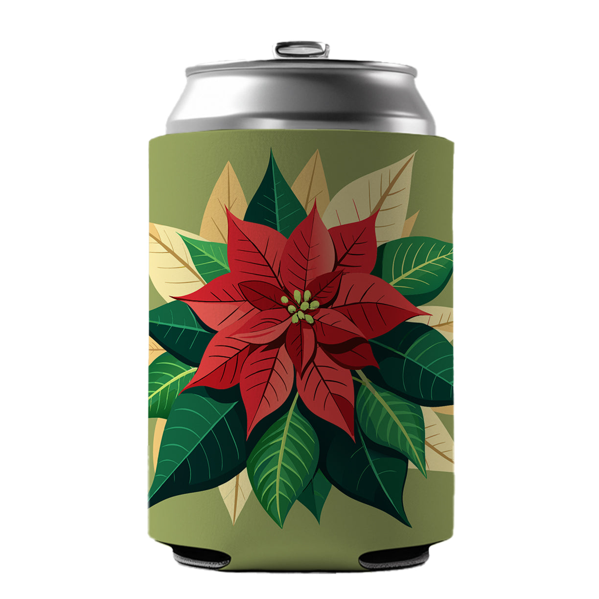 Poinsettia Plant Christmas Decoration Can Cooler Beer Soda Drink Insulated Holder Sleeve Hugger