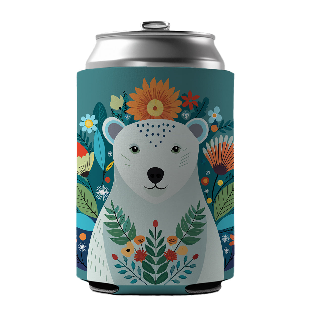 Polar Bear Floral Flowers Can Cooler Beer Soda Drink Insulated Holder Sleeve Hugger
