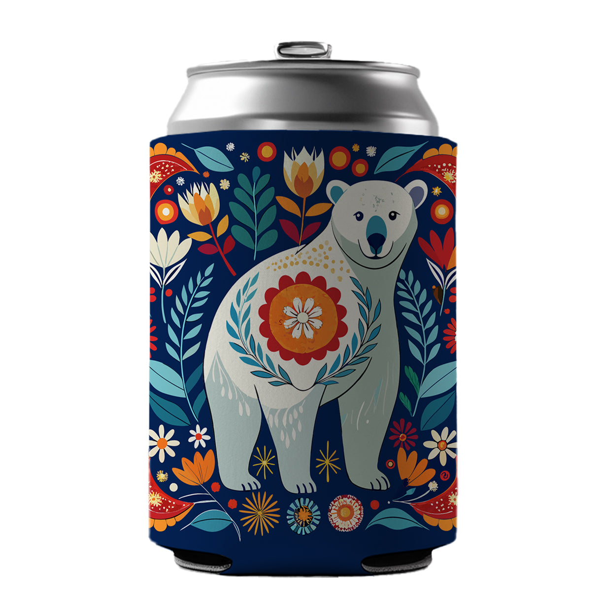Polar Bear Floral Motif Can Cooler Beer Soda Drink Insulated Holder Sleeve Hugger