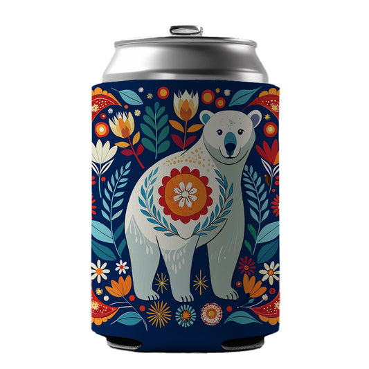 Polar Bear Floral Motif Can Cooler Beer Soda Drink Insulated Holder Sleeve Hugger