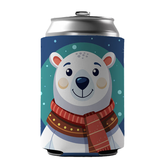 Polar Bear Wearing Winter Scarf Can Cooler Beer Soda Drink Insulated Holder Sleeve Hugger