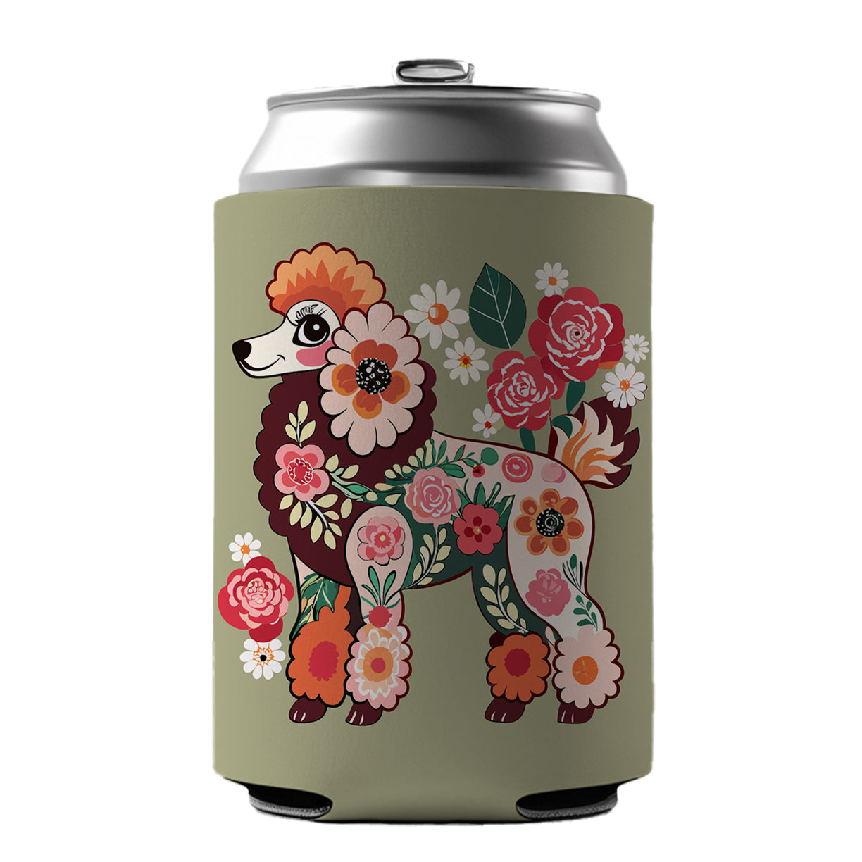 Poodle Dog Floral Motif Can Cooler Beer Soda Drink Insulated Holder Sleeve Hugger