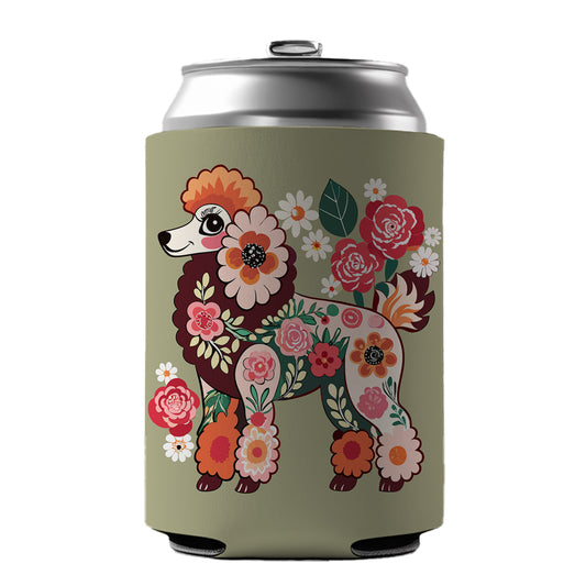 Poodle Dog Floral Motif Can Cooler Beer Soda Drink Insulated Holder Sleeve Hugger