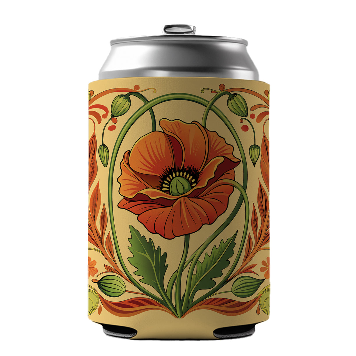 Poppy Poppies Floral Art Nouveau Flowers Elegant Can Cooler Beer Soda Drink Insulated Holder Sleeve Hugger