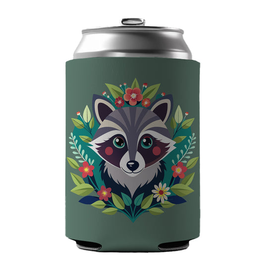 Raccoon in Floral Wreath Can Cooler Beer Soda Drink Insulated Holder Sleeve Hugger