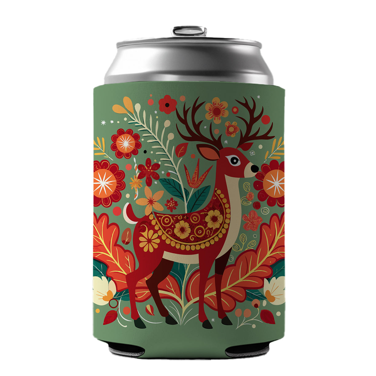 Reindeer Floral Flowers Can Cooler Beer Soda Drink Insulated Holder Sleeve Hugger