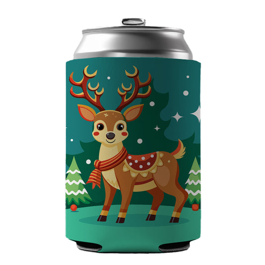 Reindeer Wearing Scarf Christmas Cute Can Cooler Beer Soda Drink Insulated Holder Sleeve Hugger
