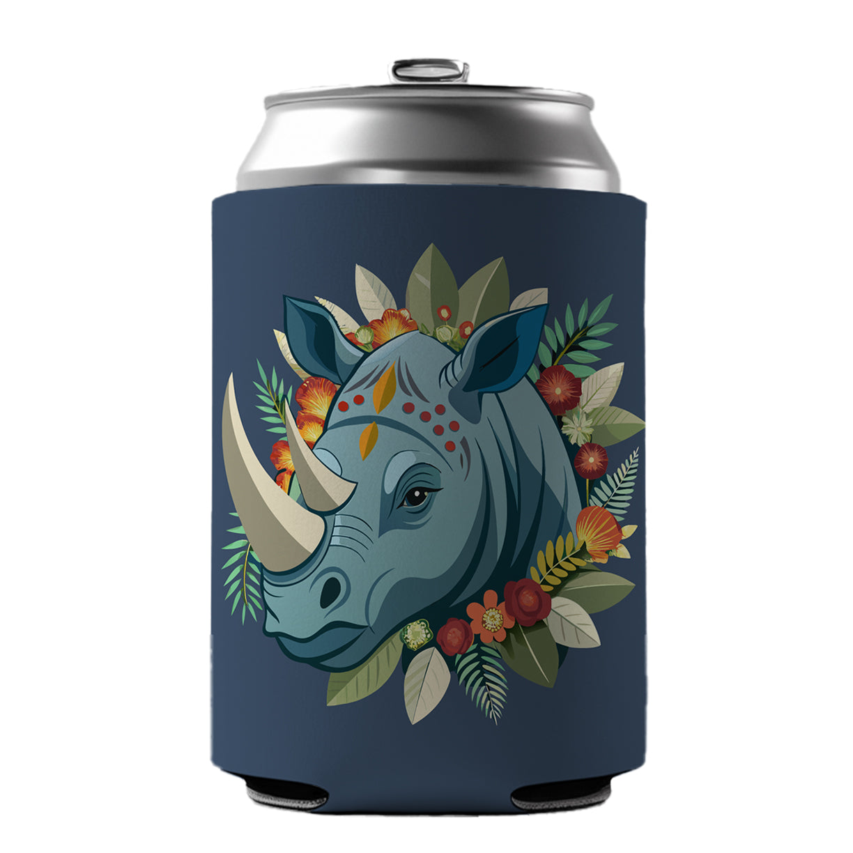 Rhinoceros Head Floral Flowers Can Cooler Beer Soda Drink Insulated Holder Sleeve Hugger