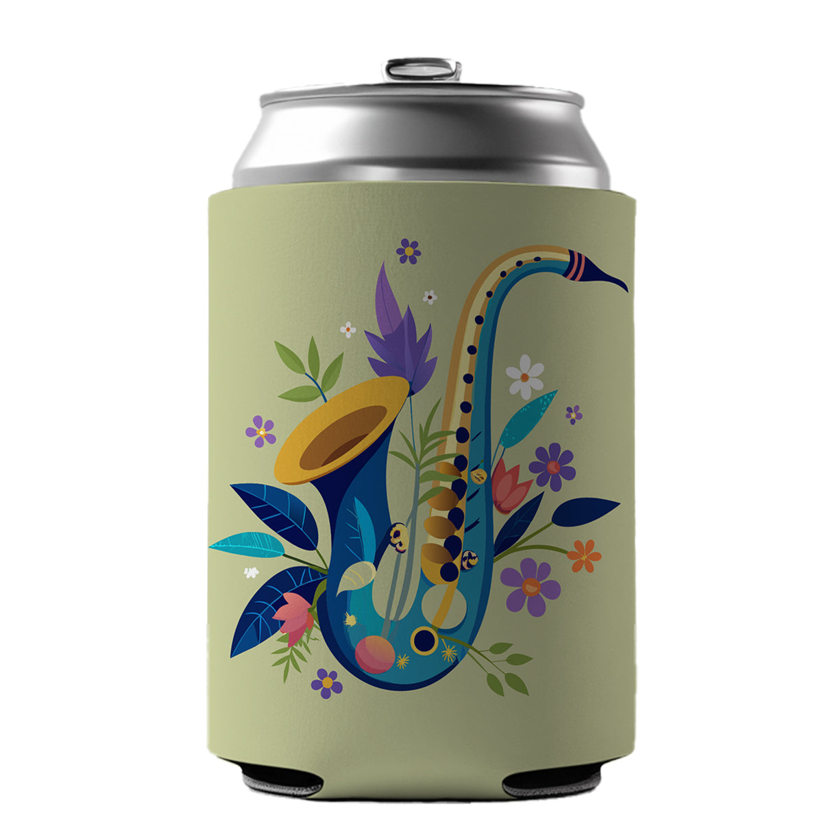 Saxophone Instrument Music Floral Motif Can Cooler Beer Soda Drink Insulated Holder Sleeve Hugger