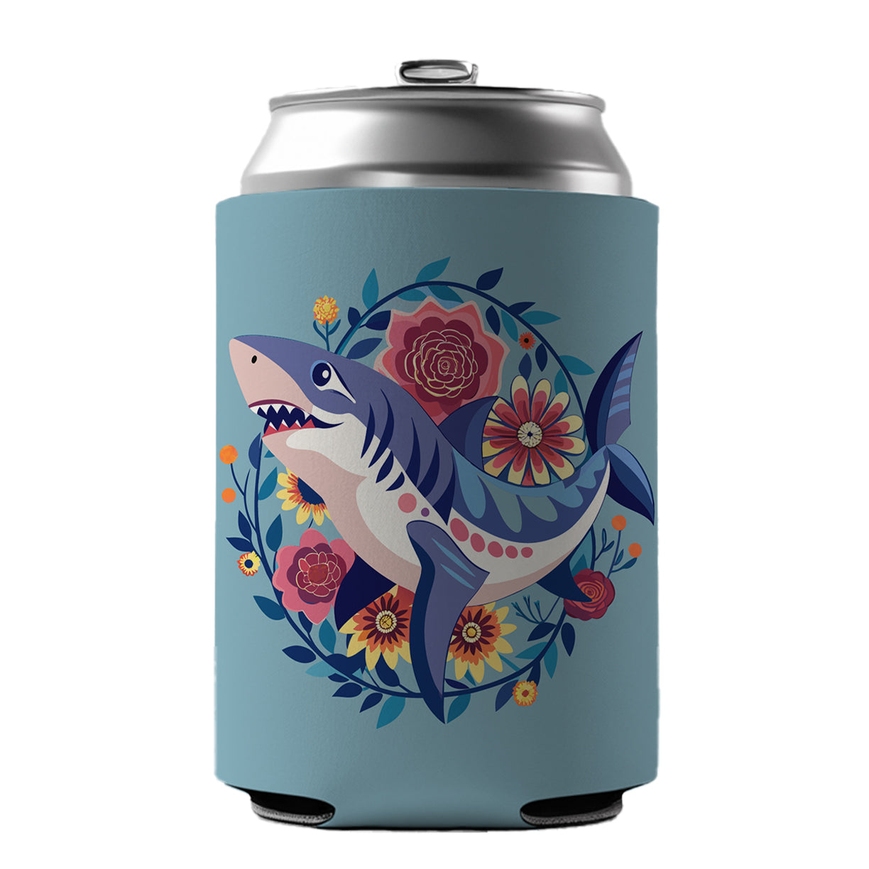 Shark Floral Flowers Can Cooler Beer Soda Drink Insulated Holder Sleeve Hugger