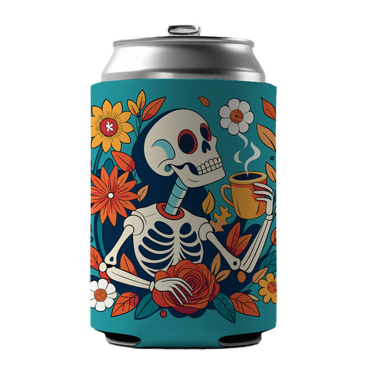 Skeleton Drinking Coffee Funny Floral Flowers Can Cooler Beer Soda Drink Insulated Holder Sleeve Hugger