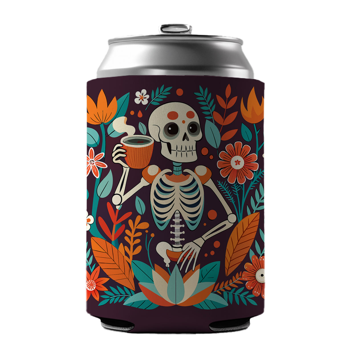 Skeleton Drinking Tea Funny Floral Flowers Can Cooler Beer Soda Drink Insulated Holder Sleeve Hugger