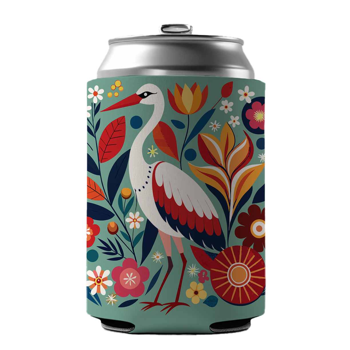 Stork Bird Floral Flowers Can Cooler Beer Soda Drink Insulated Holder Sleeve Hugger