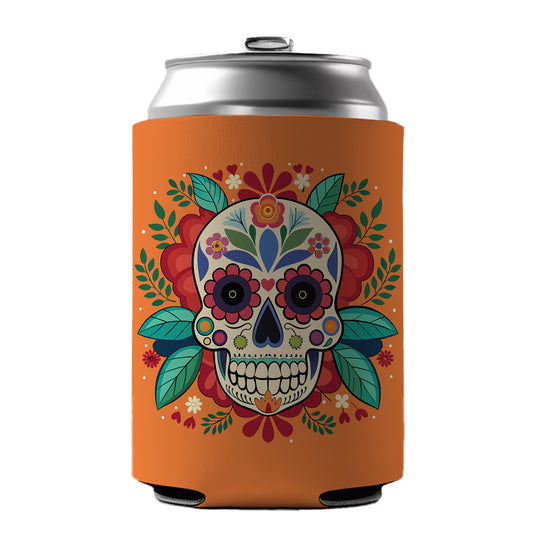 Sugar Skull with Floral Background Can Cooler Beer Soda Drink Insulated Holder Sleeve Hugger