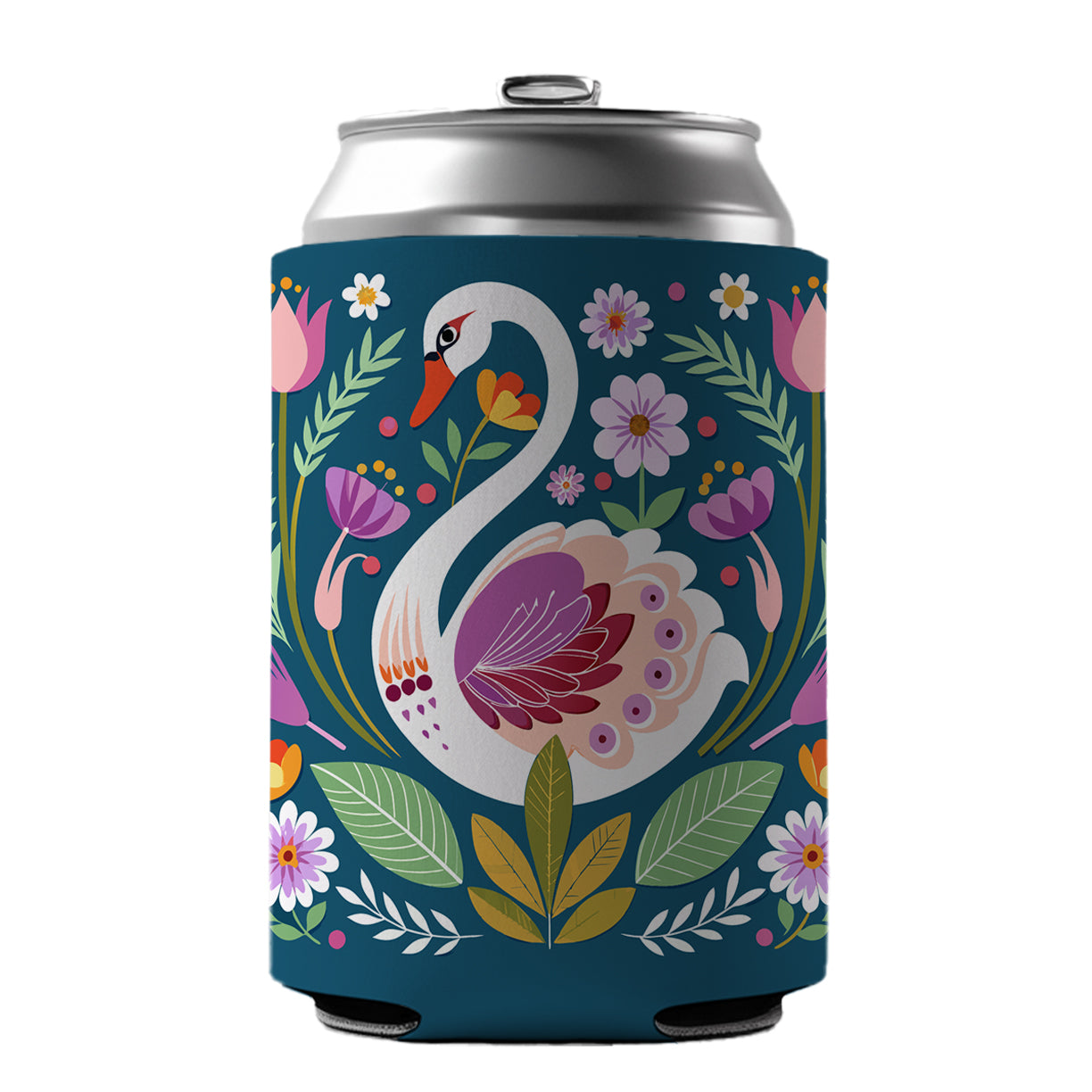 Swan Bird Floral Flowers Can Cooler Beer Soda Drink Insulated Holder Sleeve Hugger