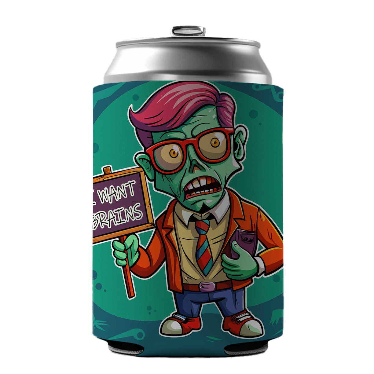 Teacher Zombie Man I Want Your Brains Can Cooler Beer Soda Drink Insulated Holder Sleeve Hugger