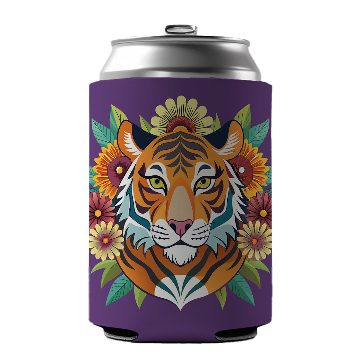 Tiger Head Floral Flowers Can Cooler Beer Soda Drink Insulated Holder Sleeve Hugger