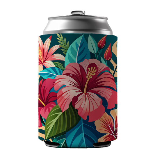 Tropical Flowers Hibiscus Can Cooler Beer Soda Drink Insulated Holder Sleeve Hugger