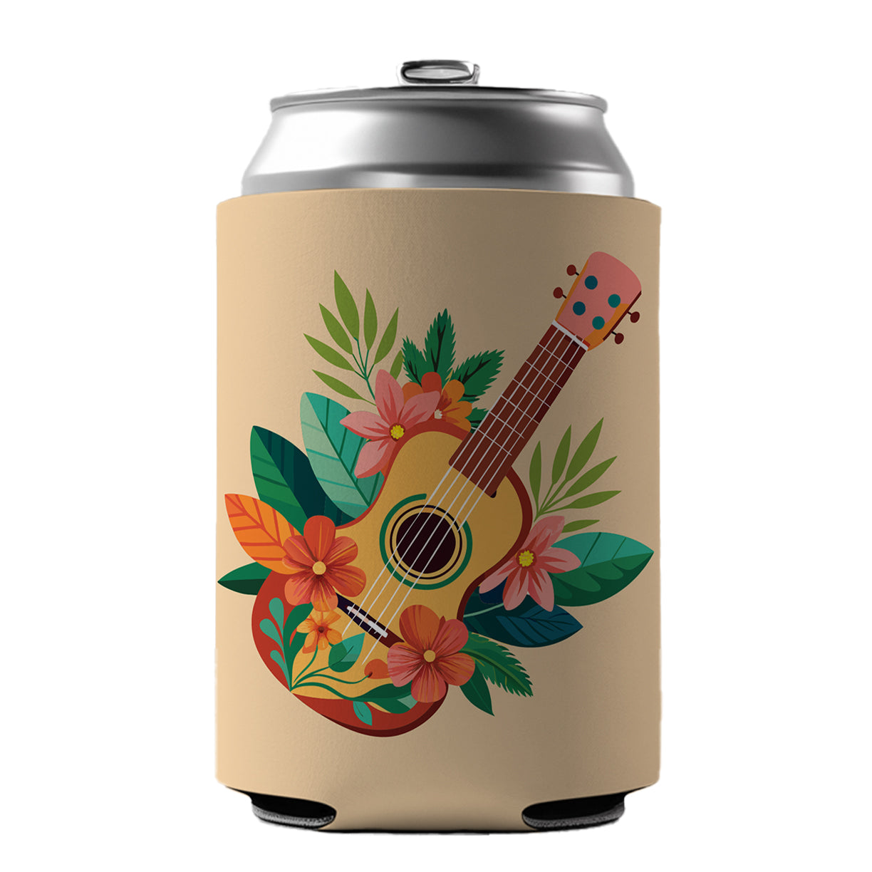 Ukulele Music Tropical Floral Motif Can Cooler Beer Soda Drink Insulated Holder Sleeve Hugger