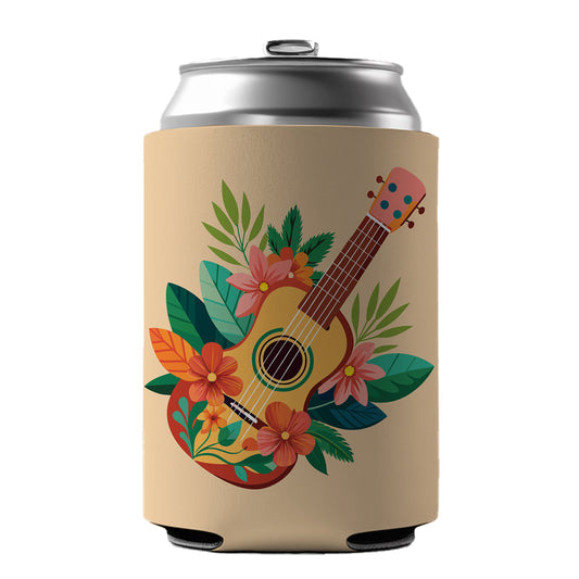 Ukulele Music Tropical Floral Motif Can Cooler Beer Soda Drink Insulated Holder Sleeve Hugger