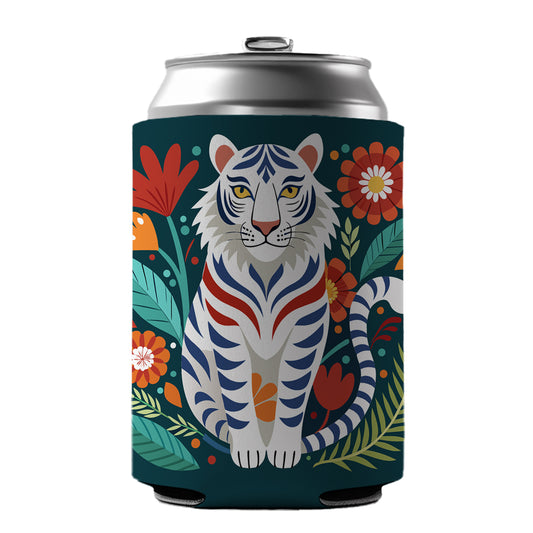 White Tiger Floral Flowers Can Cooler Beer Soda Drink Insulated Holder Sleeve Hugger