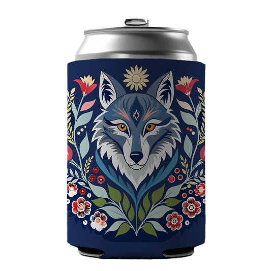 Wolf Floral Flowers Can Cooler Beer Soda Drink Insulated Holder Sleeve Hugger