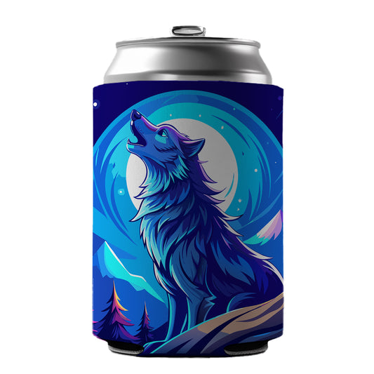 Wolf Howling at Blue Moon Can Cooler Beer Soda Drink Insulated Holder Sleeve Hugger