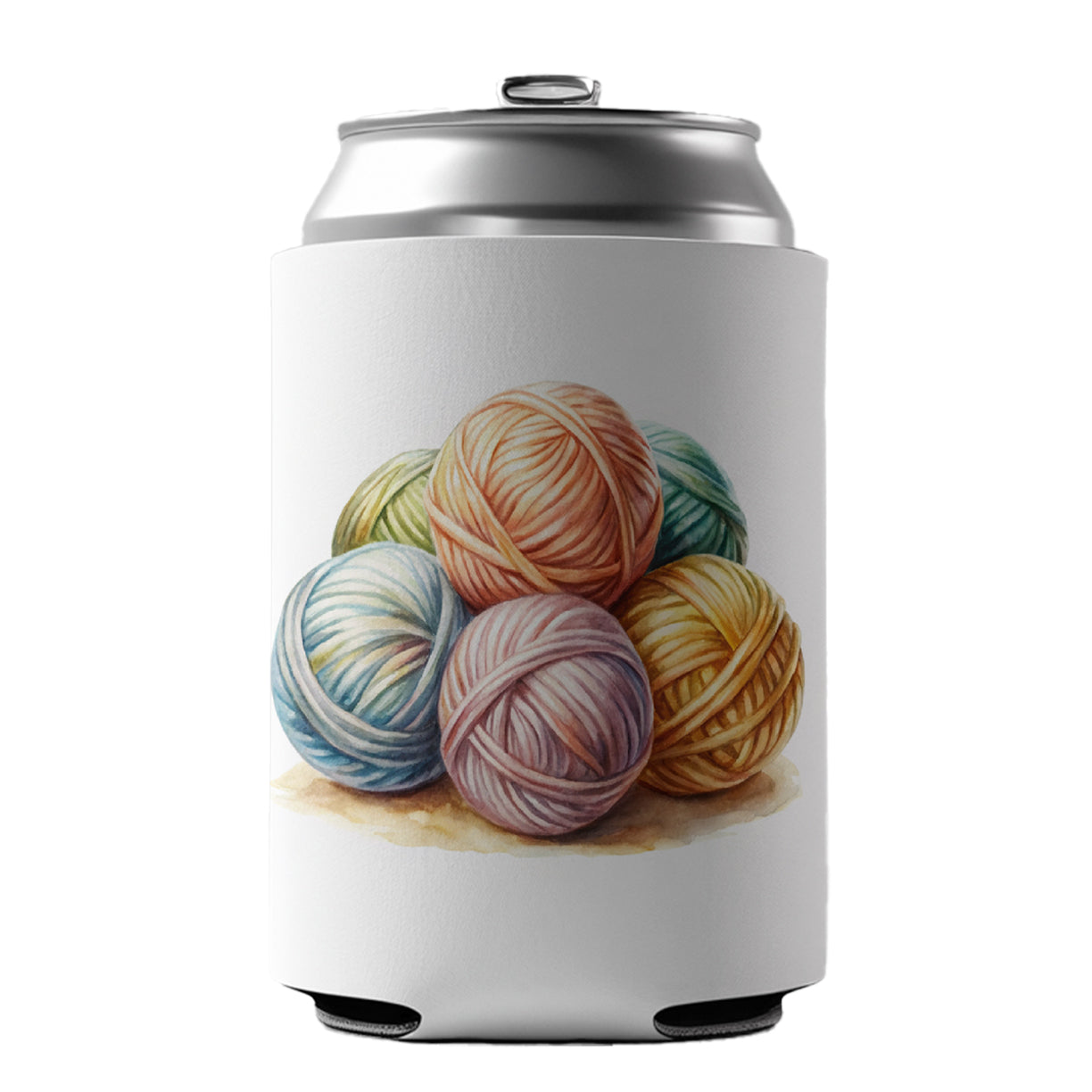 Balls Of Pastel Yarn Knitting Crochet Watercolor Can Cooler Beer Soda Drink Insulated Holder Sleeve Hugger