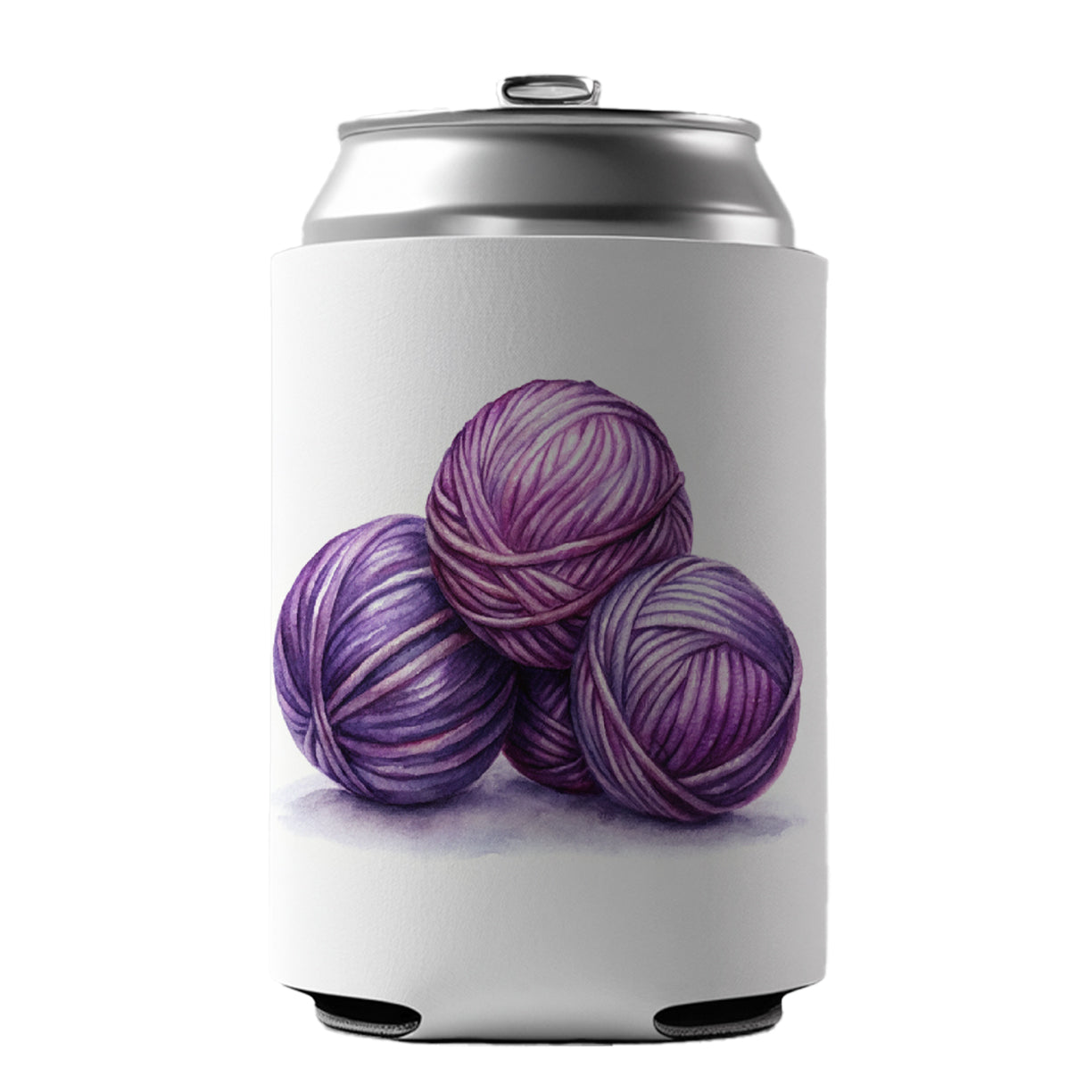 Balls Of Purple Yarn Knitting Crochet Watercolor Can Cooler Beer Soda Drink Insulated Holder Sleeve Hugger