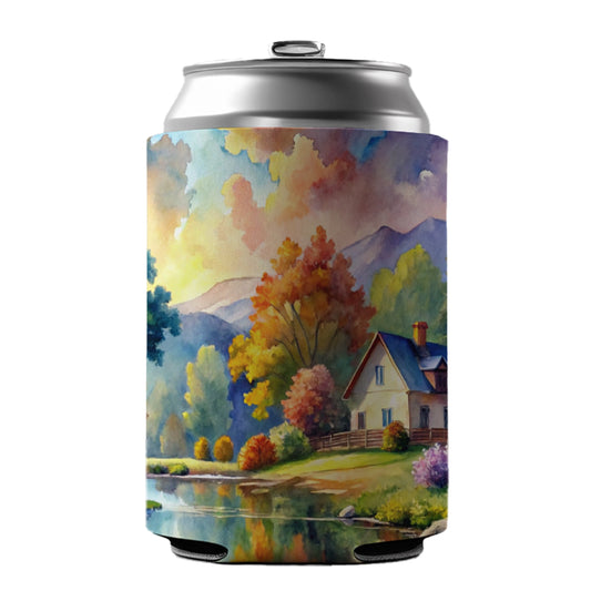Beautiful Cottage Watercolor Can Cooler Beer Soda Drink Insulated Holder Sleeve Hugger