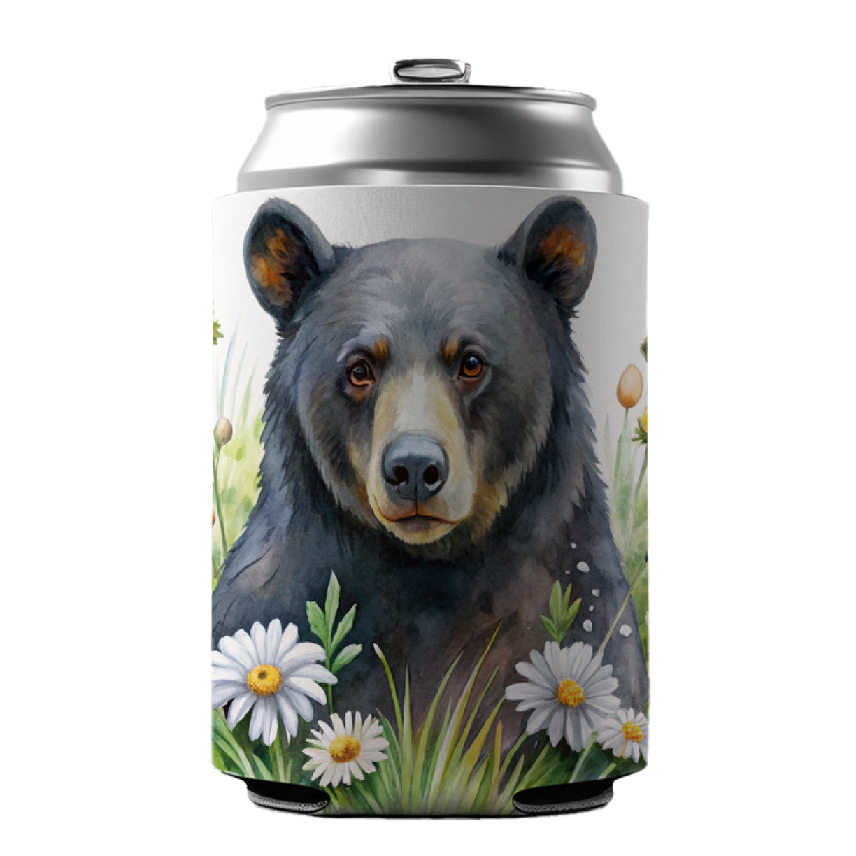 Black Bear Watercolor Design With Daisies Can Cooler Beer Soda Drink Insulated Holder Sleeve Hugger