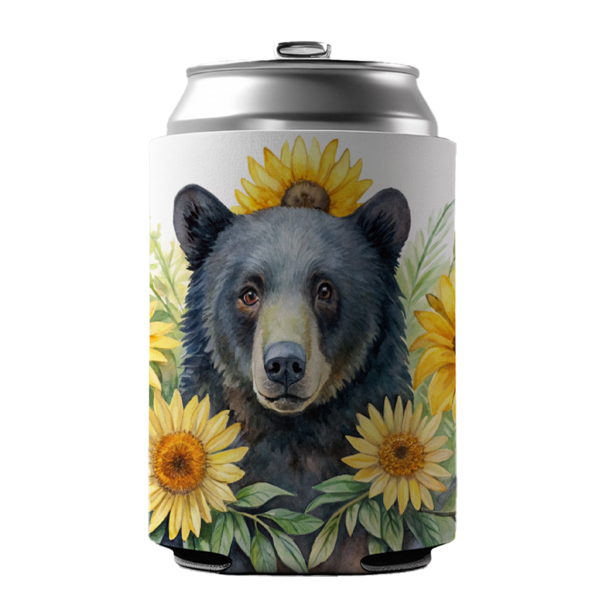 Black Bear Watercolor Design With Sunflowers Can Cooler Beer Soda Drink Insulated Holder Sleeve Hugger