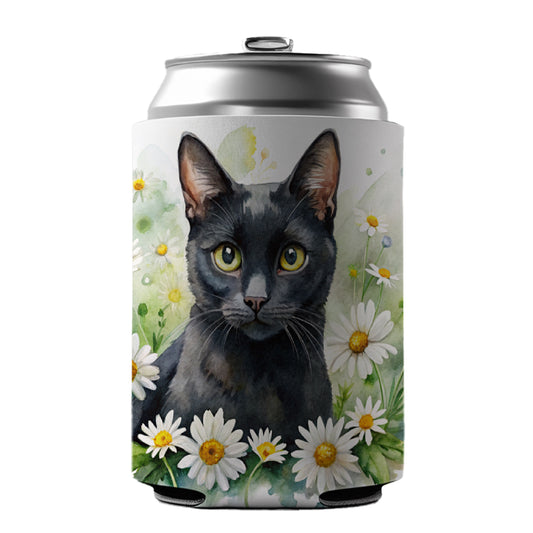 Black Cat Watercolor Design With Daisies Can Cooler Beer Soda Drink Insulated Holder Sleeve Hugger