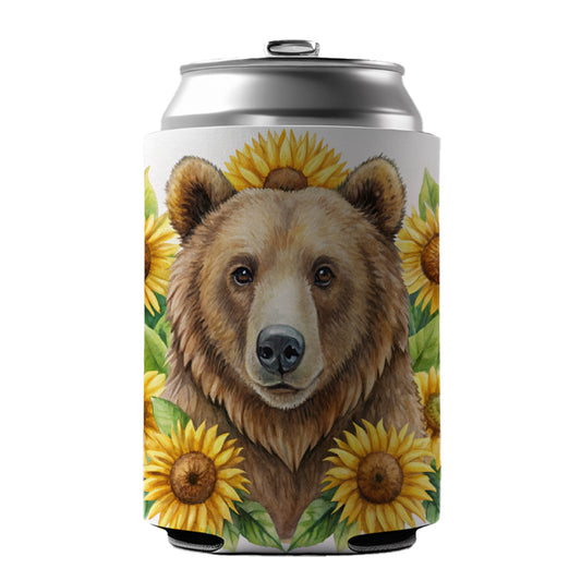 Brown Bear Watercolor Design With Sunflowers Can Cooler Beer Soda Drink Insulated Holder Sleeve Hugger