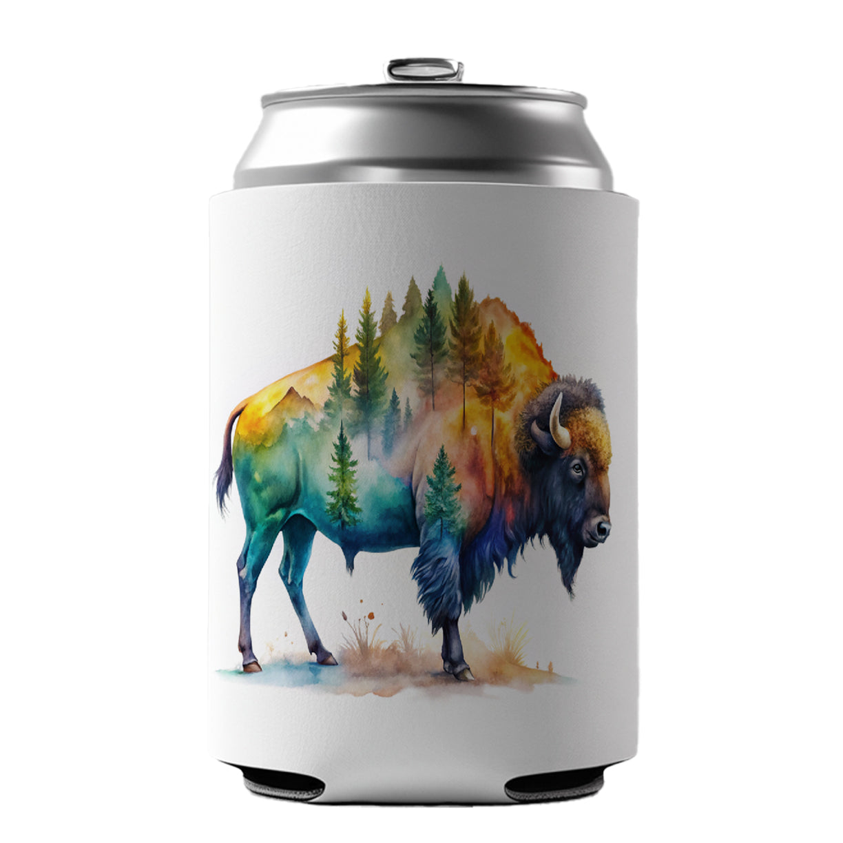 Buffalo In Forest Watercolor Design Can Cooler Beer Soda Drink Insulated Holder Sleeve Hugger
