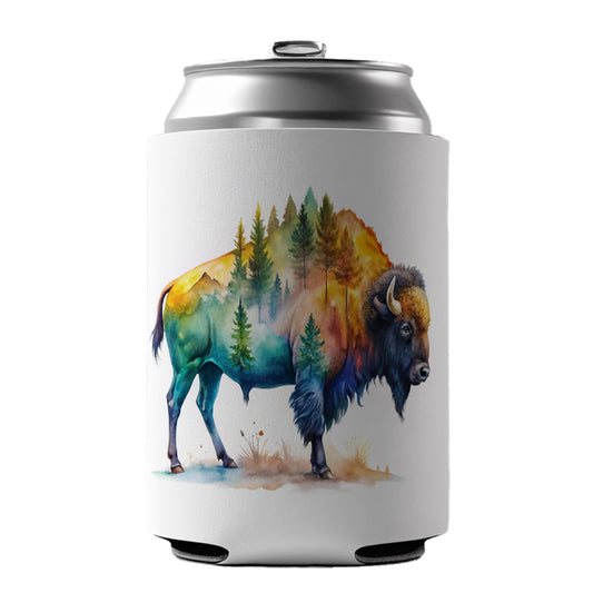 Buffalo In Forest Watercolor Design Can Cooler Beer Soda Drink Insulated Holder Sleeve Hugger