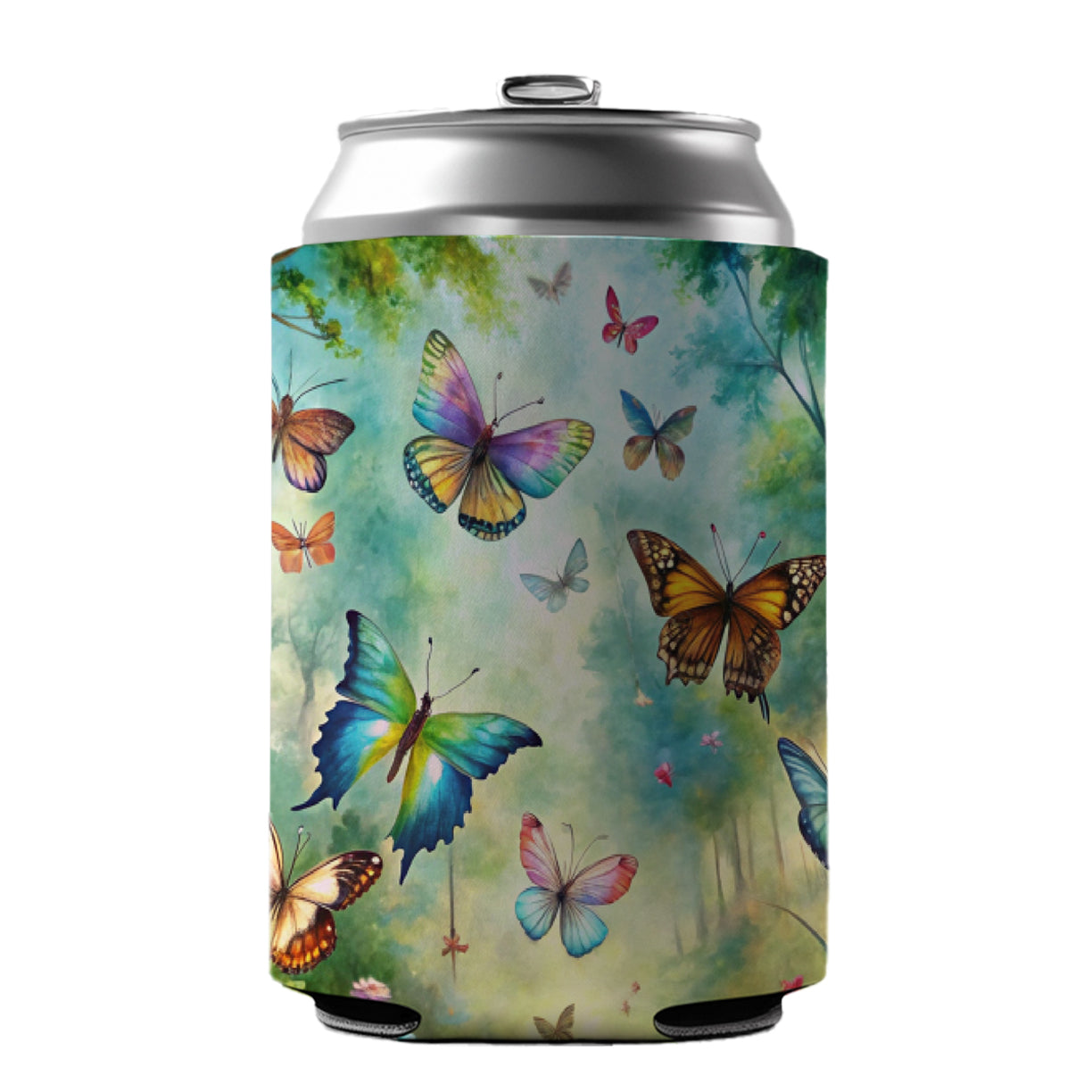 Butterflies In Forest Fantasy Watercolor Can Cooler Beer Soda Drink Insulated Holder Sleeve Hugger