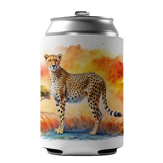 Cheetah African Plain Watercolor Design Can Cooler Beer Soda Drink Insulated Holder Sleeve Hugger