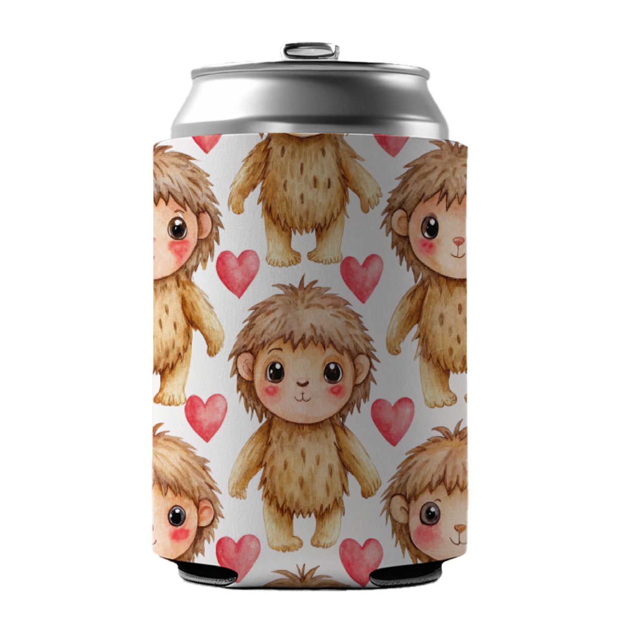 Chibi Sasquatch Big Foot Hearts Watercolor Can Cooler Beer Soda Drink Insulated Holder Sleeve Hugger