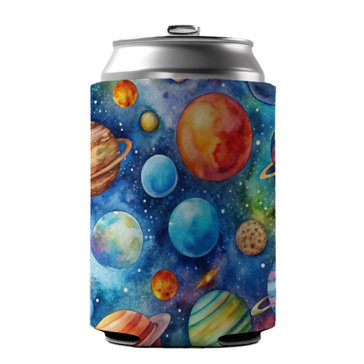 Colorful Planets In Space Watercolor Can Cooler Beer Soda Drink Insulated Holder Sleeve Hugger