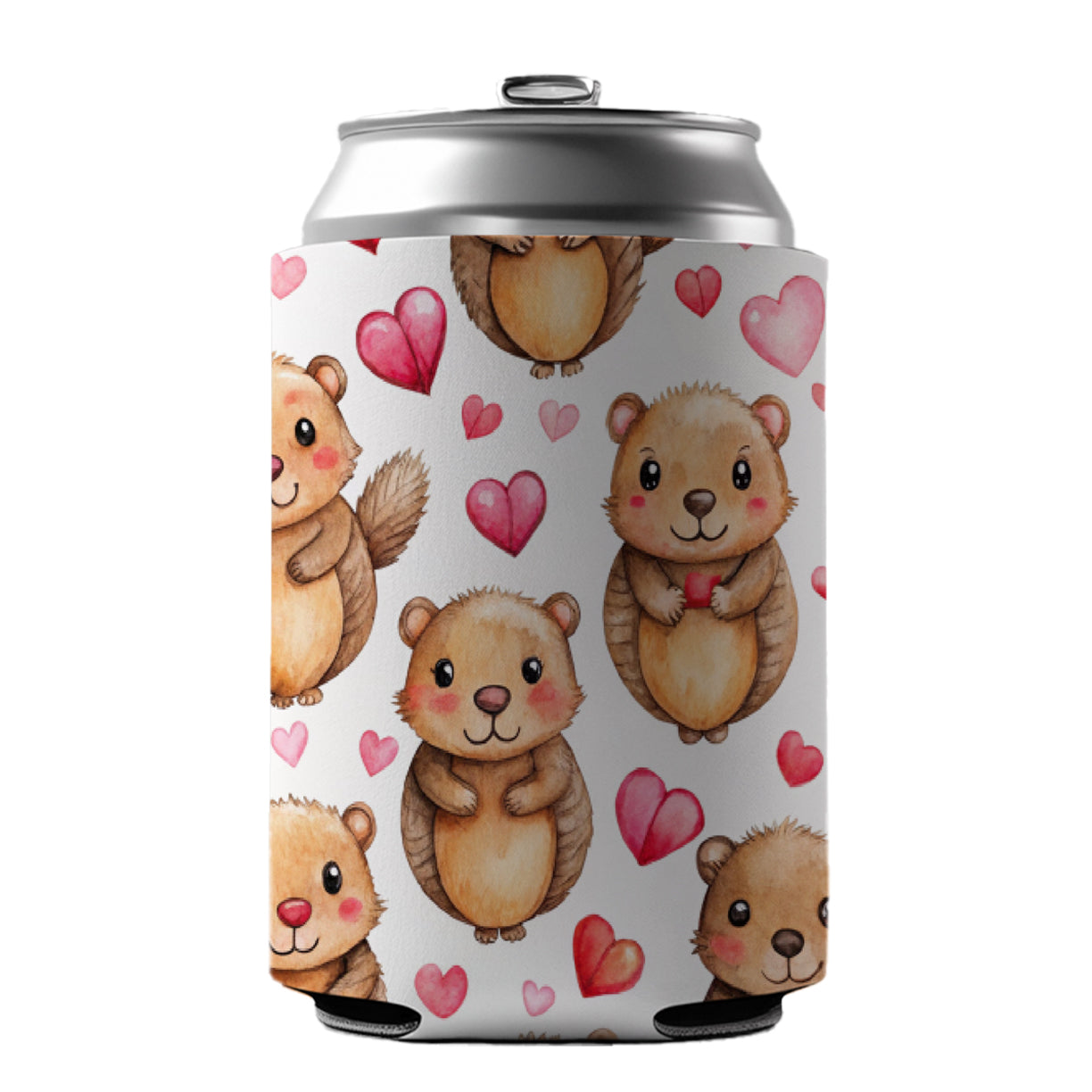 Cute Beavers Hearts Watercolor Can Cooler Beer Soda Drink Insulated Holder Sleeve Hugger