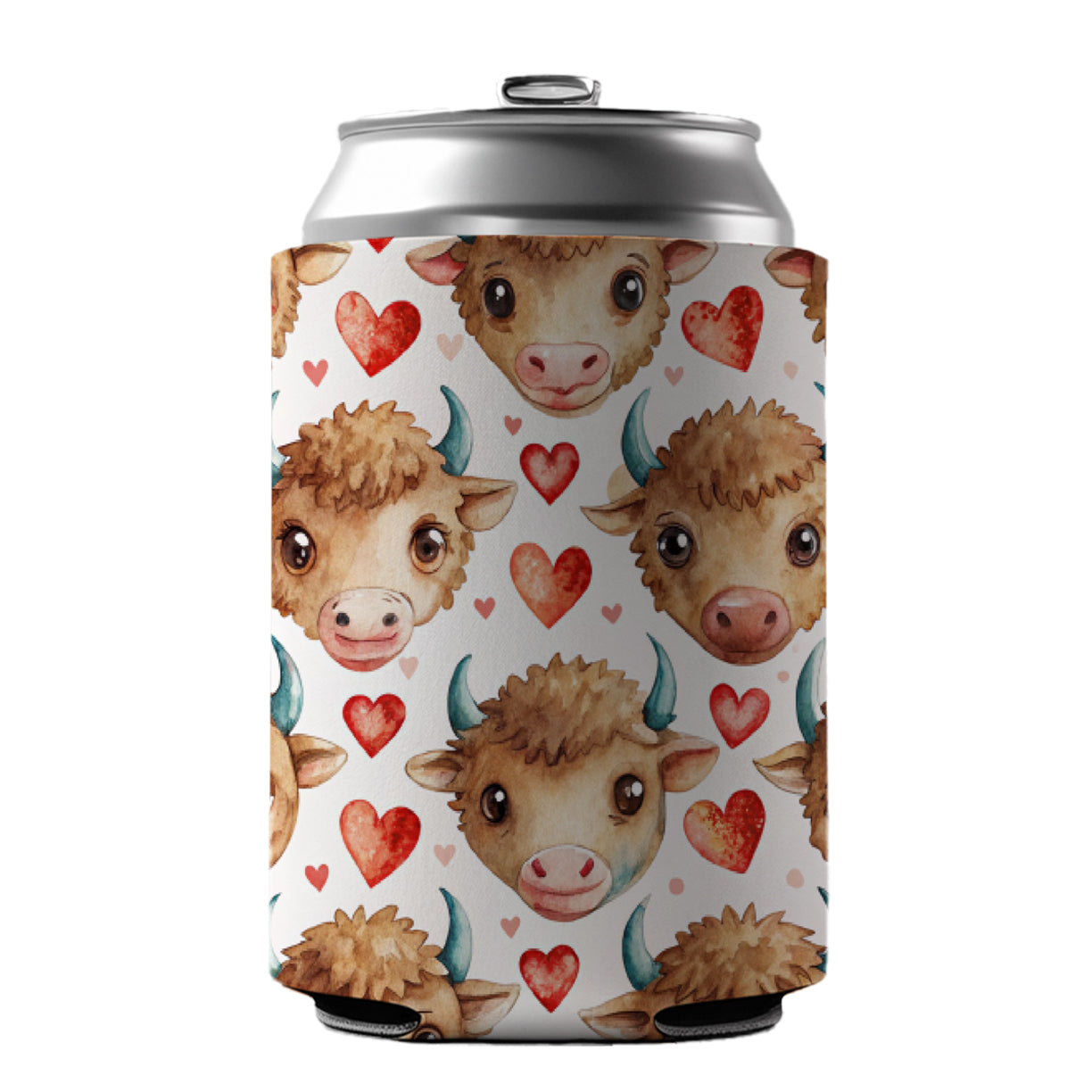 Cute Bison Faces Hearts Watercolor Can Cooler Beer Soda Drink Insulated Holder Sleeve Hugger