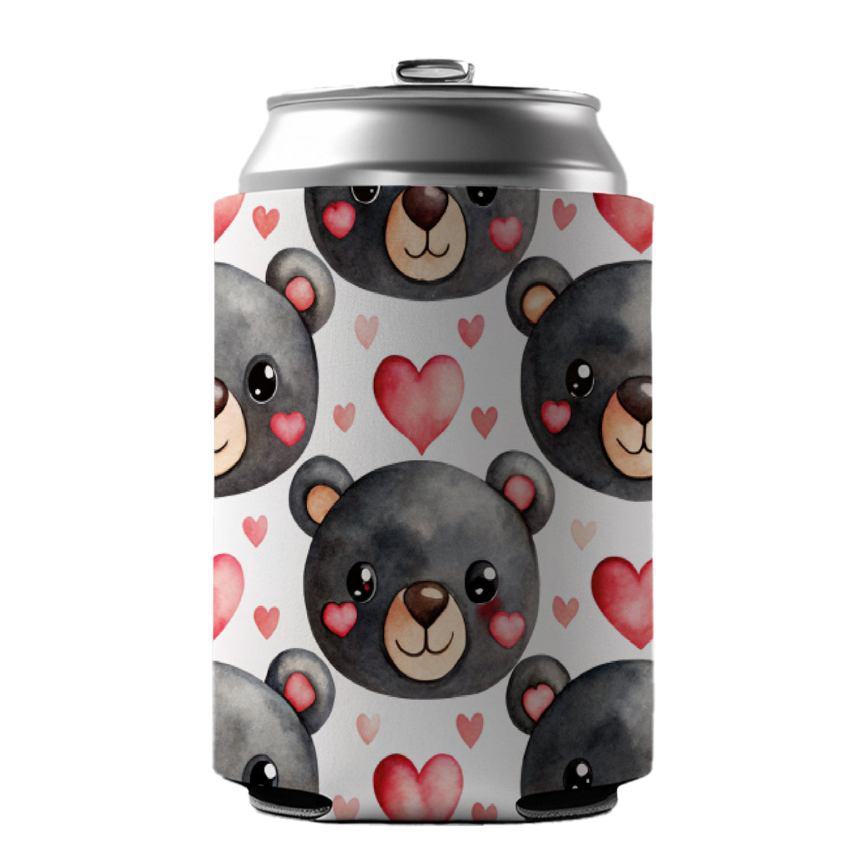 Cute Black Bear Faces Hearts Can Cooler Beer Soda Drink Insulated Holder Sleeve Hugger